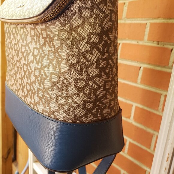 BNWT DKNY Bryant Signature Top Zip Backpack in camel brown / steel blue colorway - Picture 6 of 9